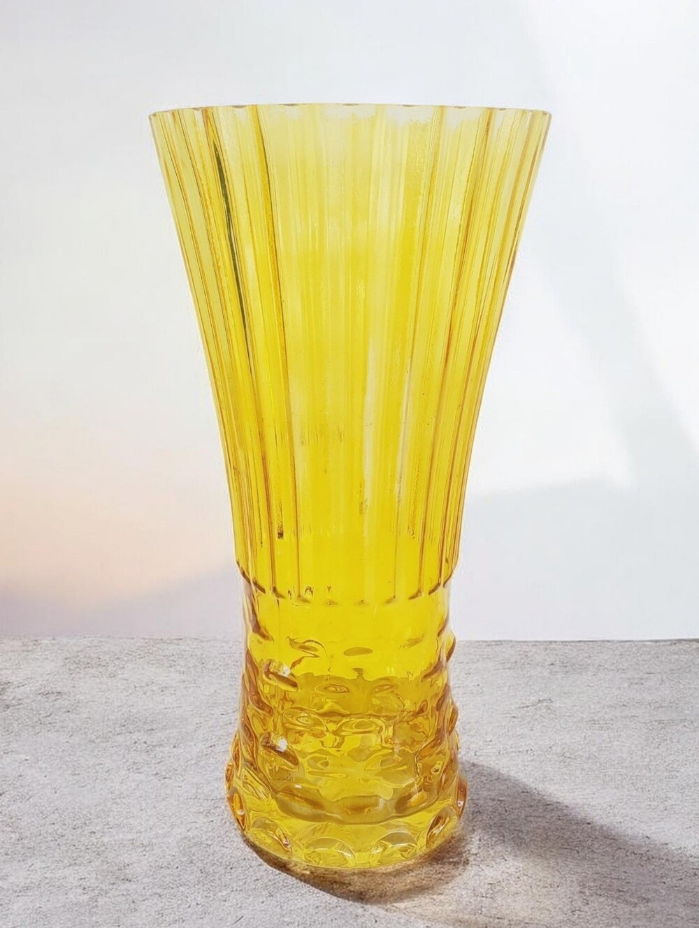 Vintage Amber Glass Fluted Vase Scalloped Rim Mid-Century Style 12” Tall Texture